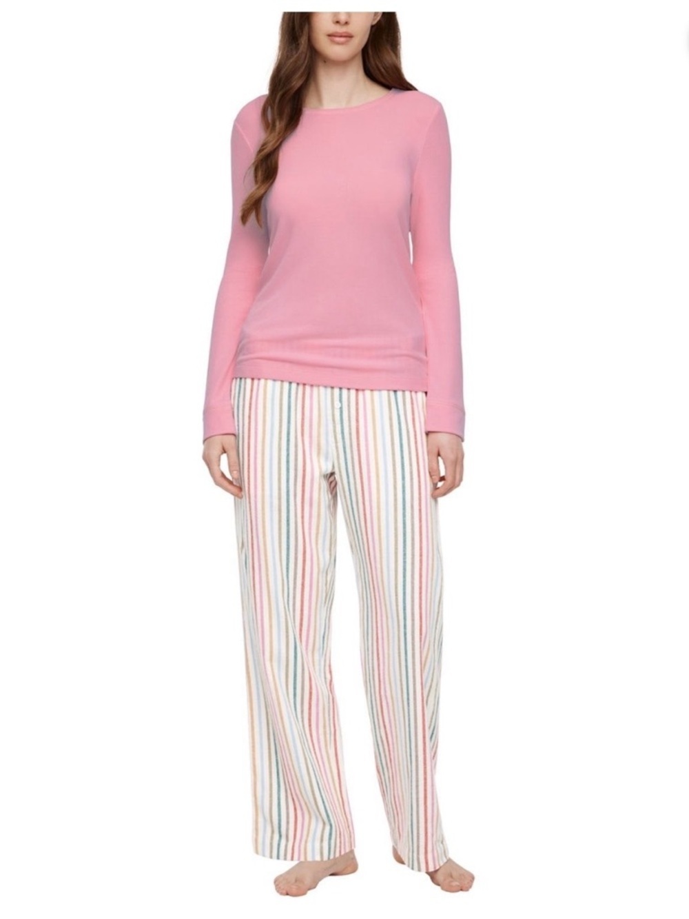 GAP Pink Long-Sleeve Top with Pastel Multicolor Striped Pajama Pants